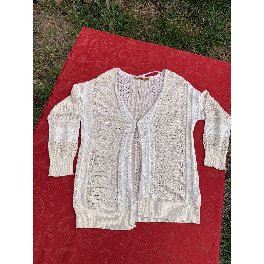 Belldini‎ Cream Gold Metallic Thread Long Sleeve Open Cardigan Size Small Spring